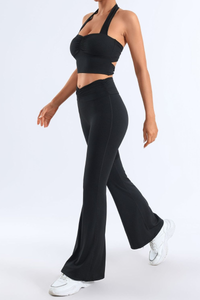 Women's Pleated Halter Neck Bra & Flared Pants Yoga Set