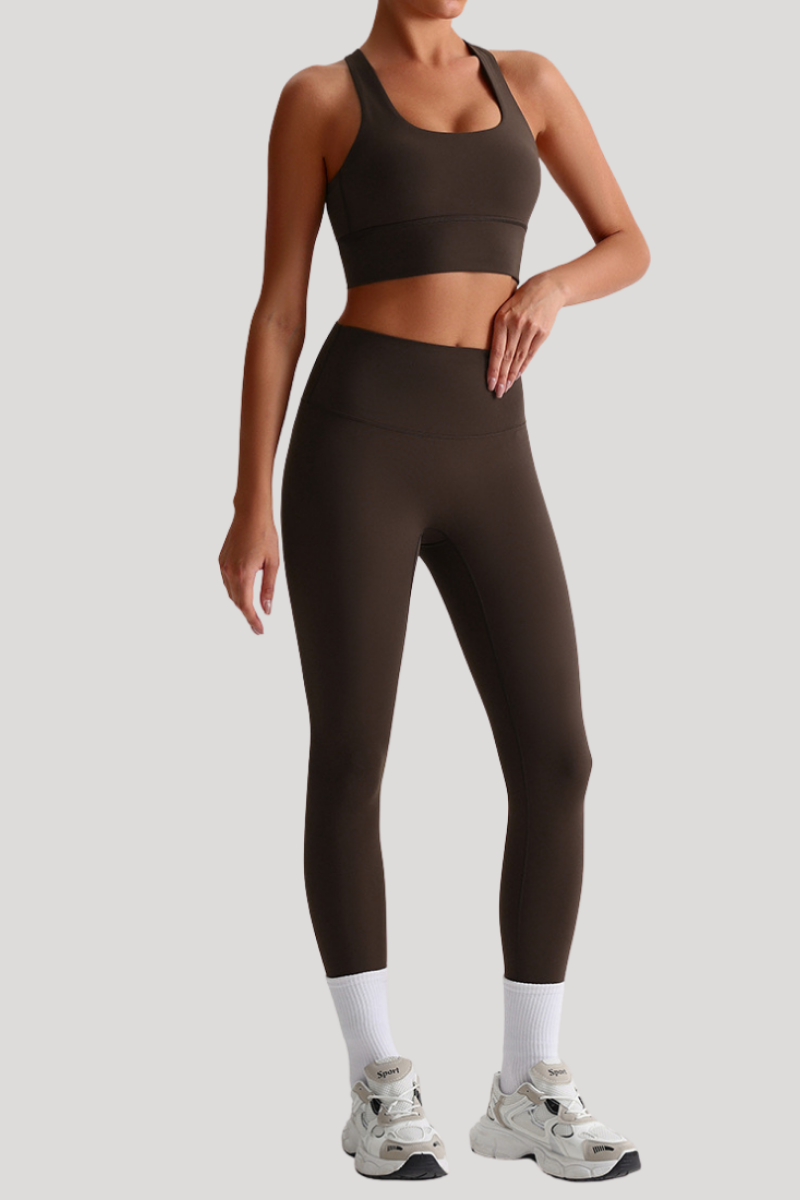 Women Naked Feel Cross Back Yoga Set: High Waisted Seamless Tummy Control Leggings + Crisscross Sports Bra