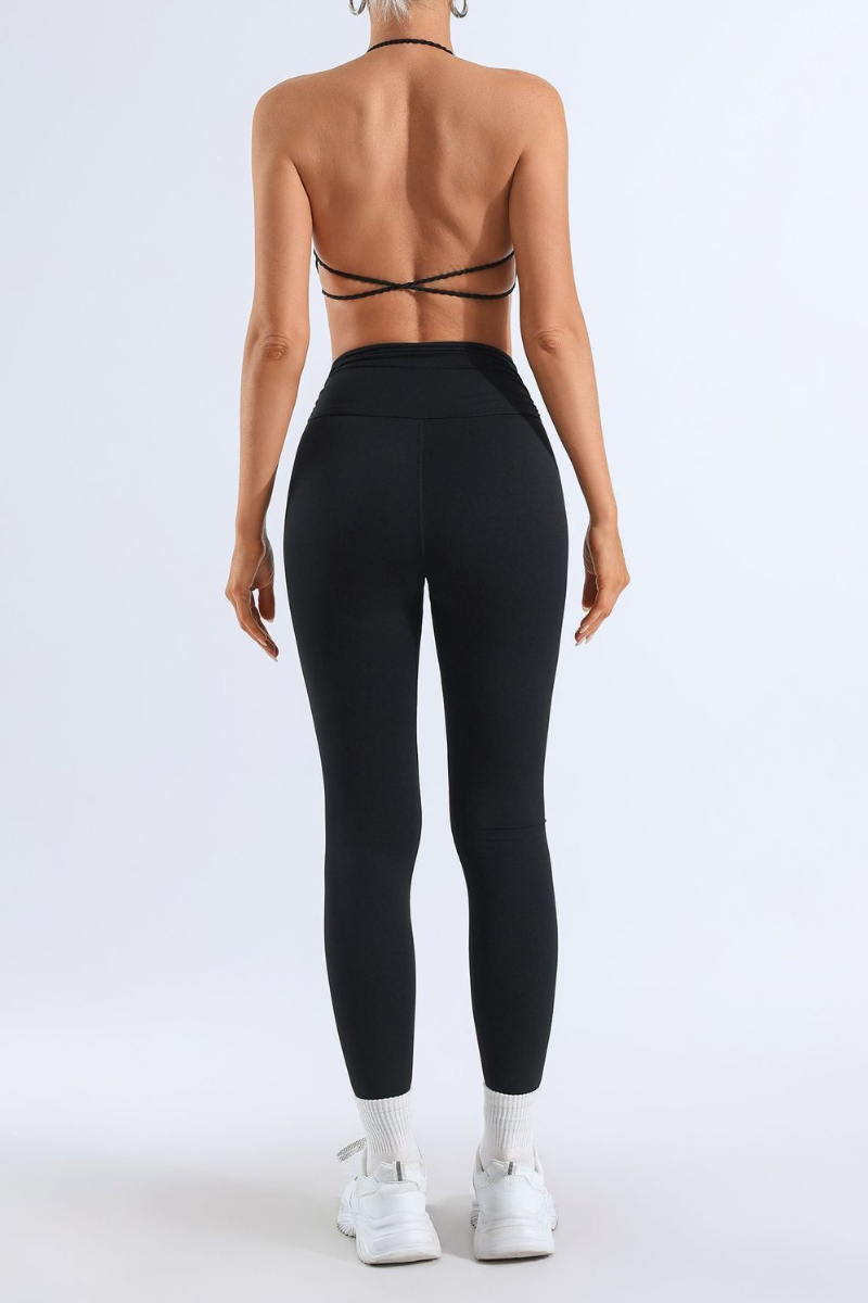 Women's Bare Feel Pleated Halter Backless Bra & Leggings Set