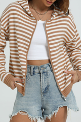 Women's Winter Striped Two-Way Zipper Hooded Knit Cardigan