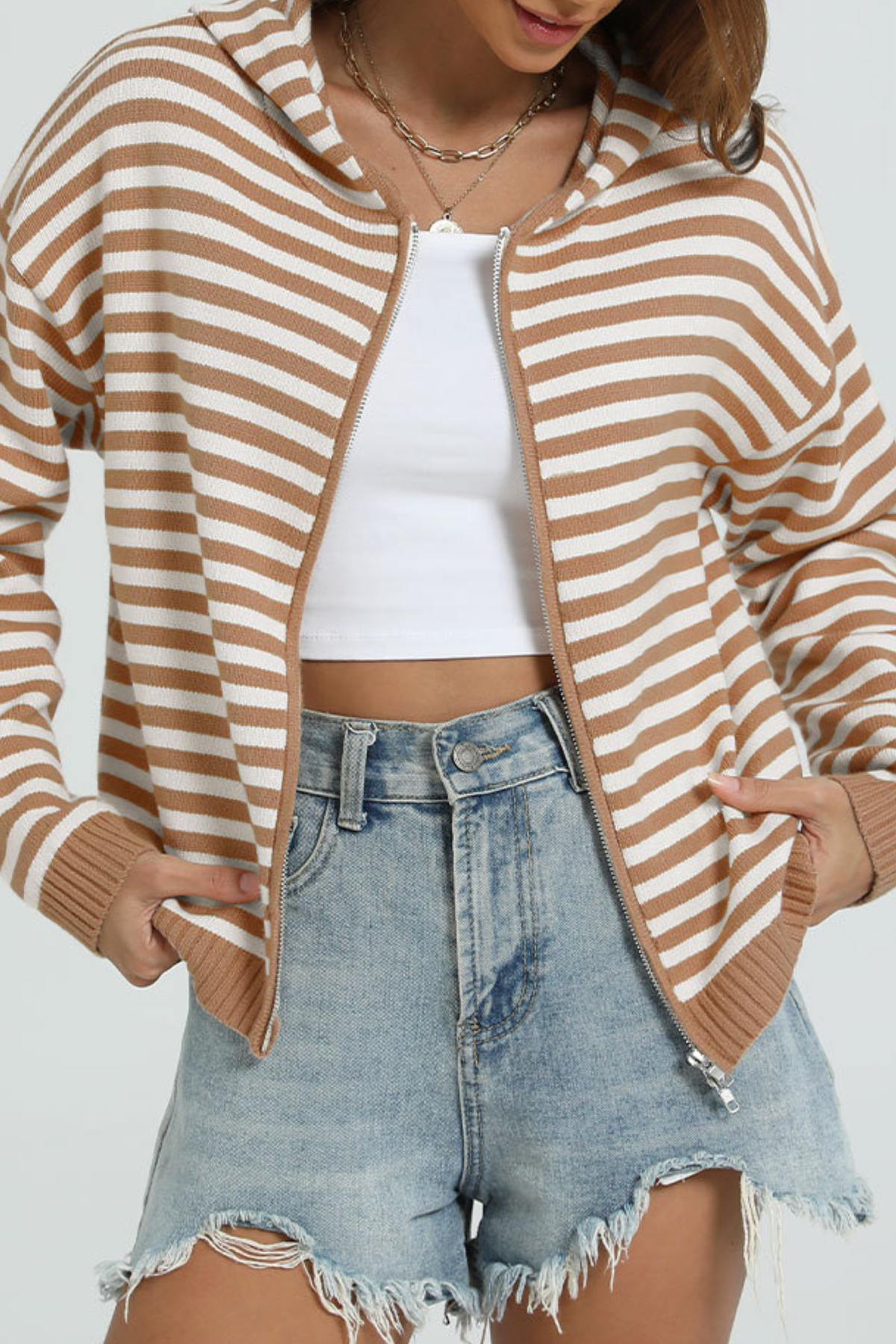 Women's Winter Striped Two-Way Zipper Hooded Knit Cardigan