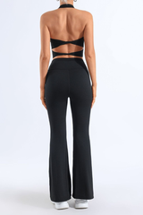 Women's Pleated Halter Neck Bra & Flared Pants Yoga Set