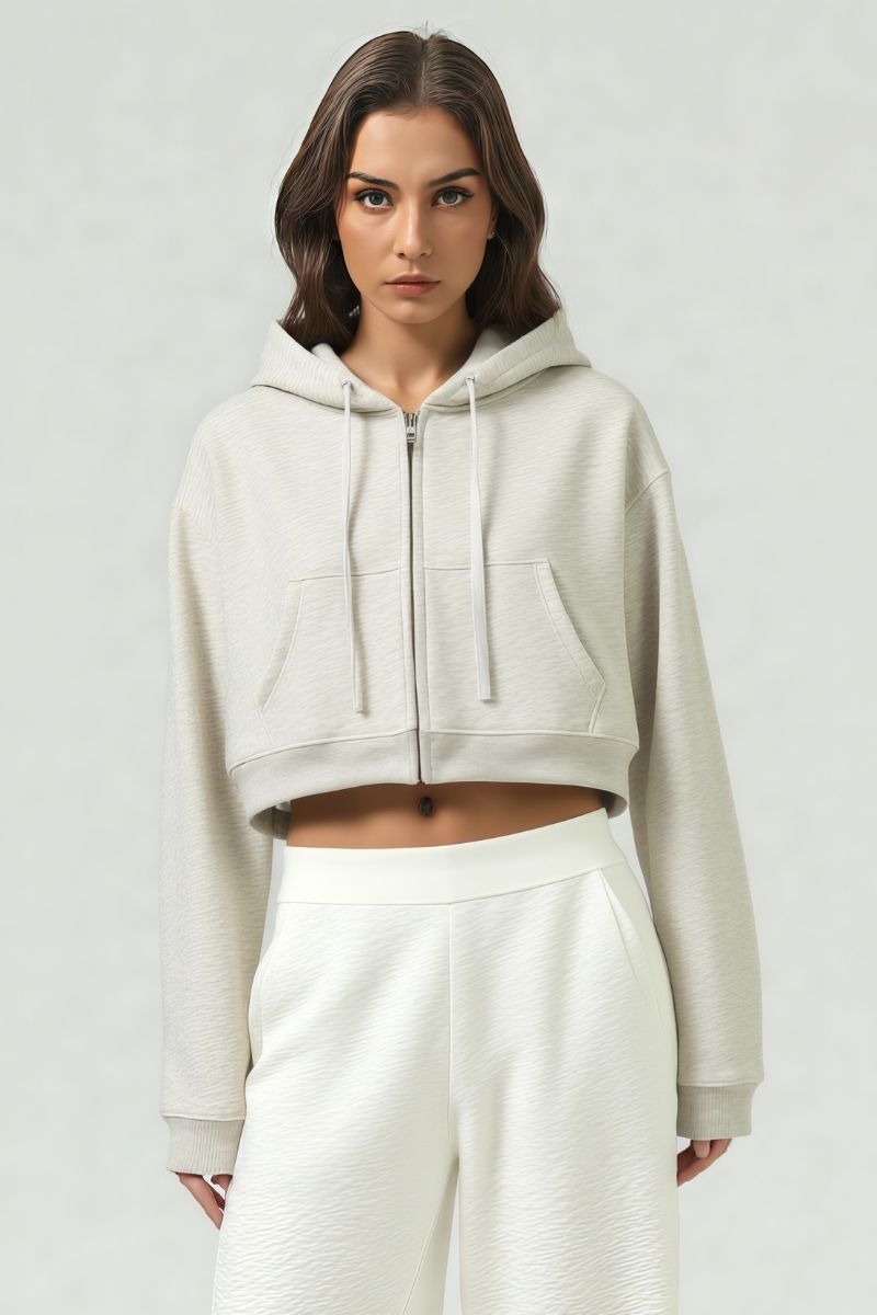 Loose cropped zip-up hooded jacket