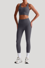 Women Naked Feel Cross Back Yoga Set: High Waisted Seamless Tummy Control Leggings + Crisscross Sports Bra