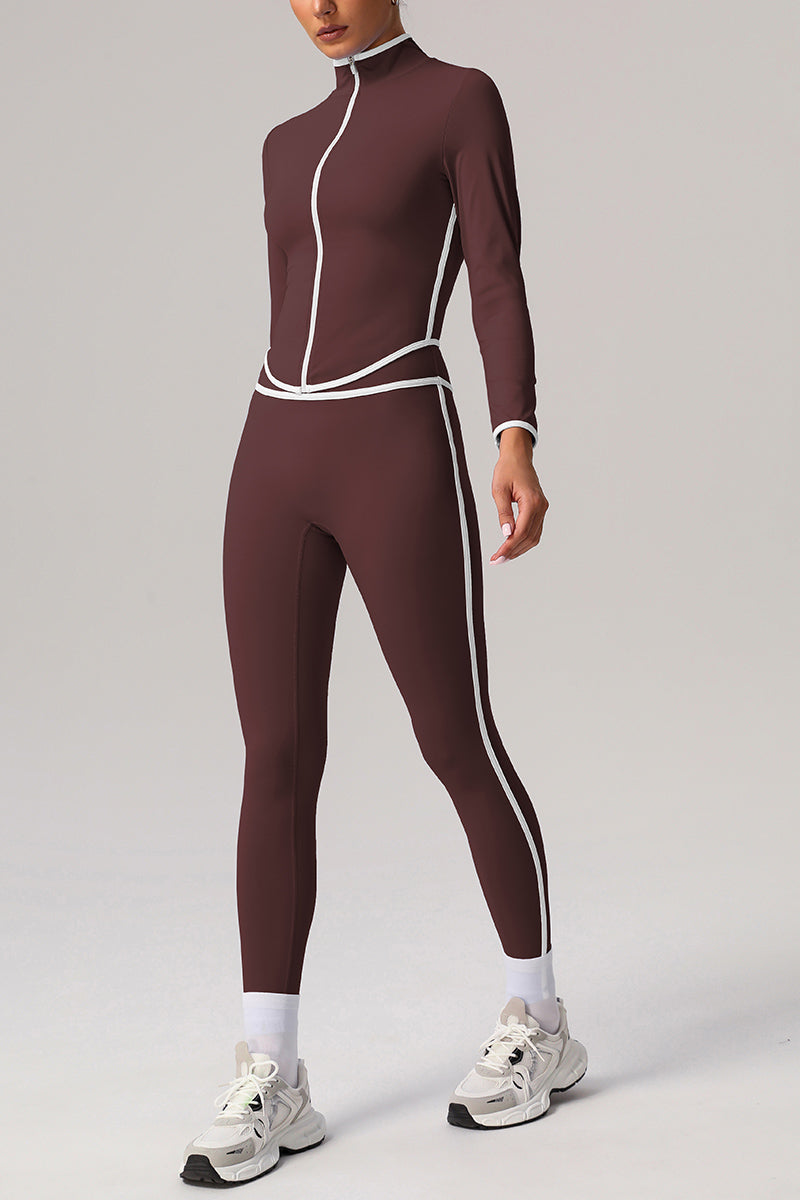 2 Pcs Set Contrasting Color Slim Jacket + Yoga Sports Legging