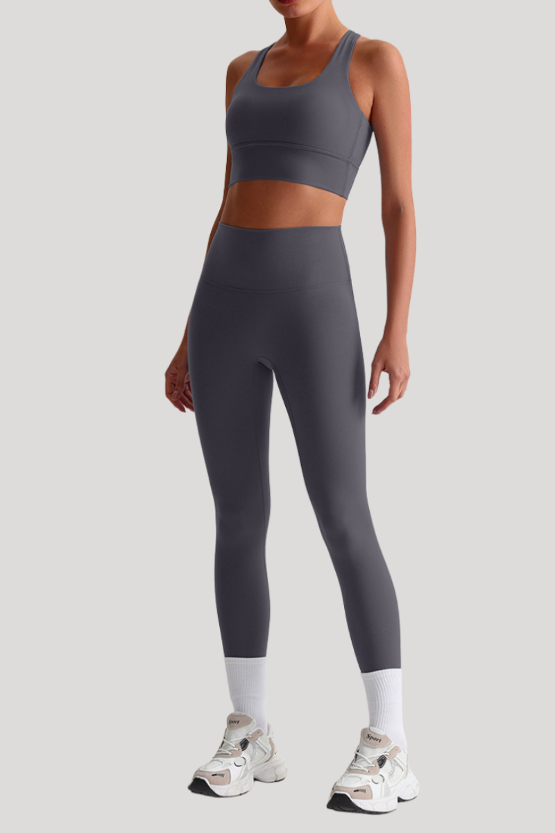 Women Naked Feel Cross Back Yoga Set: High Waisted Seamless Tummy Control Leggings + Crisscross Sports Bra