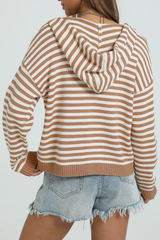Women's Winter Striped Two-Way Zipper Hooded Knit Cardigan