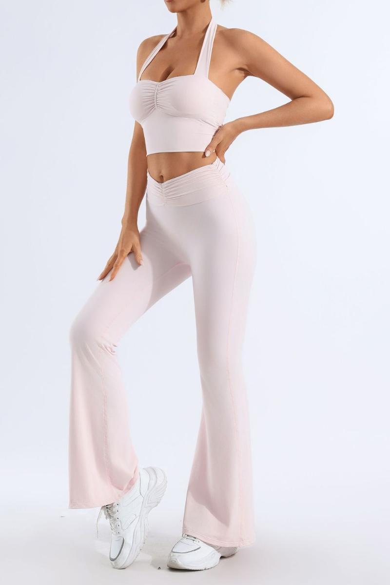 Women's Pleated Halter Neck Bra & Flared Pants Yoga Set