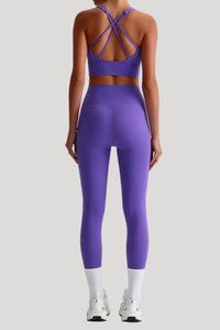 Women Naked Feel Cross Back Yoga Set: High Waisted Seamless Tummy Control Leggings + Crisscross Sports Bra