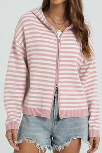 Women's Winter Striped Two-Way Zipper Hooded Knit Cardigan