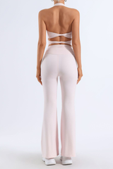 Women's Pleated Halter Neck Bra & Flared Pants Yoga Set