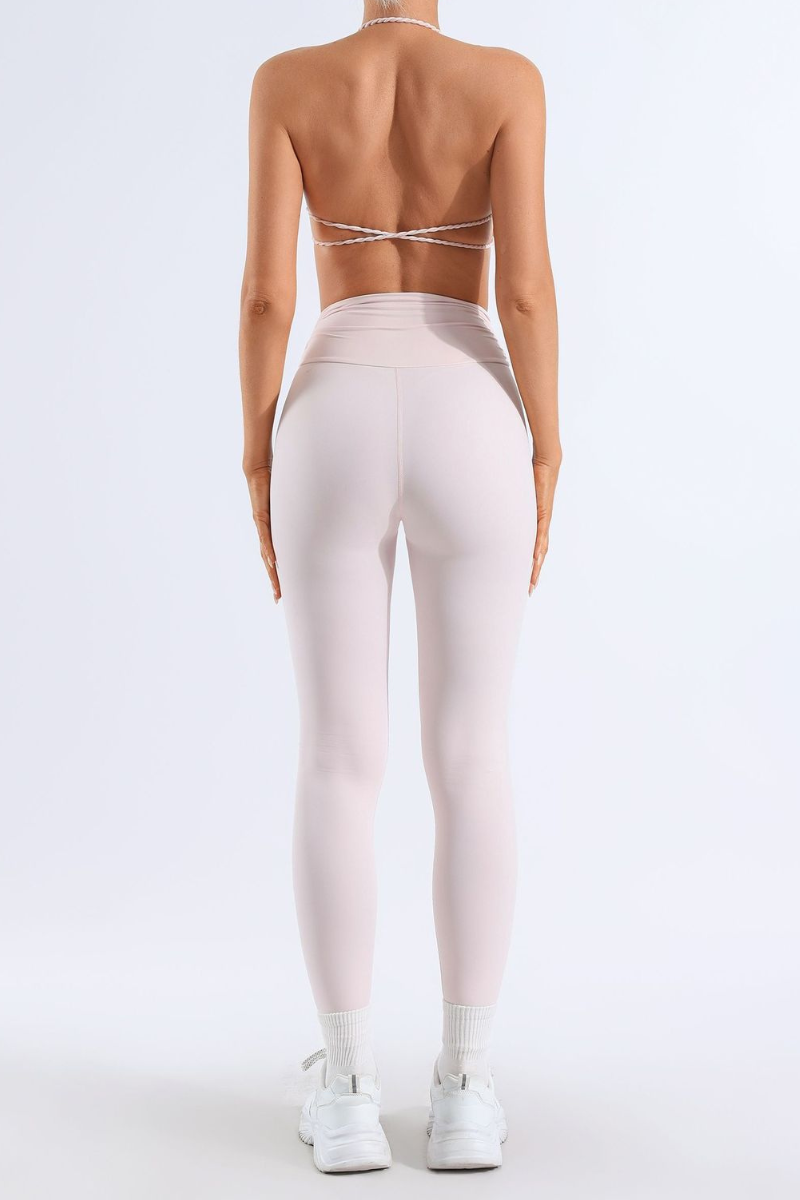 Women's Bare Feel Pleated Halter Backless Bra & Leggings Set