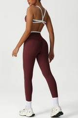 Trimmed crossover back bra & high waist sports leggings 2-piece set