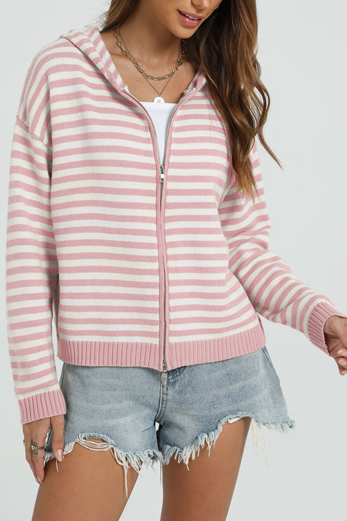 Women's Winter Striped Two-Way Zipper Hooded Knit Cardigan