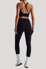 Women Naked Feel Cross Back Yoga Set: High Waisted Seamless Tummy Control Leggings + Crisscross Sports Bra
