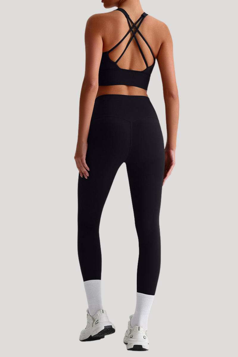 Women Naked Feel Cross Back Yoga Set: High Waisted Seamless Tummy Control Leggings + Crisscross Sports Bra