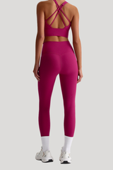 Women Naked Feel Cross Back Yoga Set: High Waisted Seamless Tummy Control Leggings + Crisscross Sports Bra