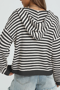Women's Winter Striped Two-Way Zipper Hooded Knit Cardigan