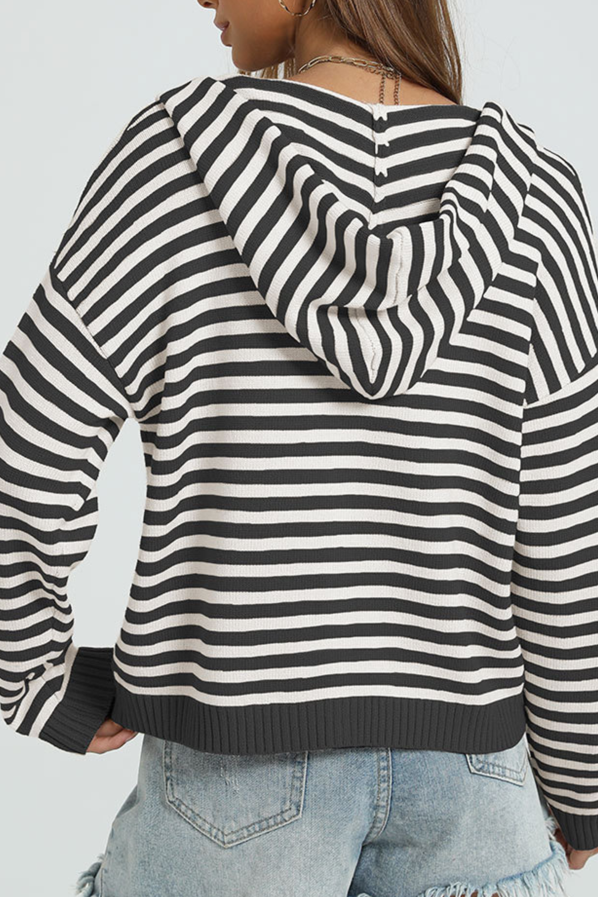 Women's Winter Striped Two-Way Zipper Hooded Knit Cardigan