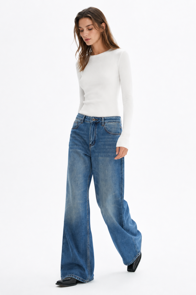 Women's 100% CottonVintage Wash Mid Waist Straight Leg Jeans