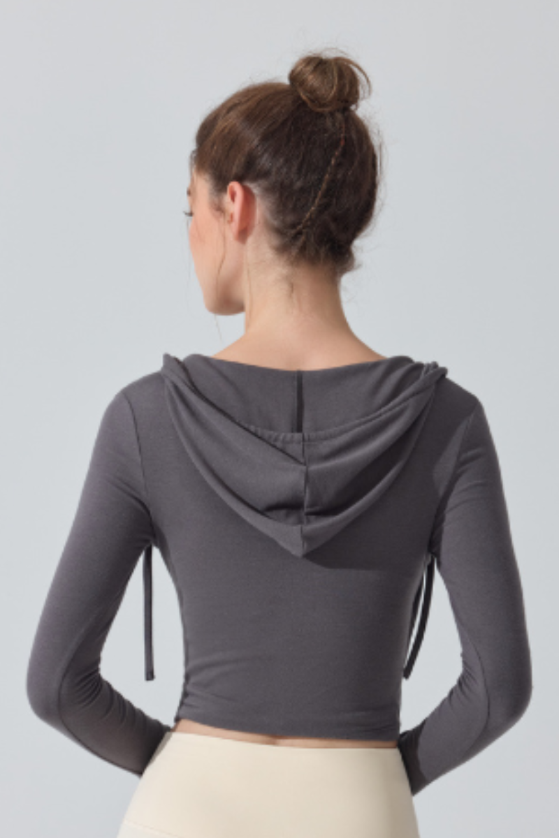 Women's V‑Neck Ruched Cropped Slim Fit Athletic Hoodie