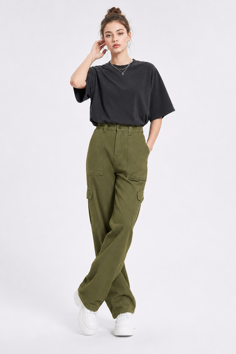 Women's High Waist Multi-Pocket Wide Leg Cargo Jeans