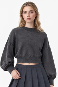 Women's Fall 100% Cotton Rib Hem Balloon Sleeves Sweatshirt