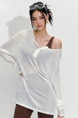 Women's Spring Outdoor Sheer Henley V-Neck Long Sleeve Top