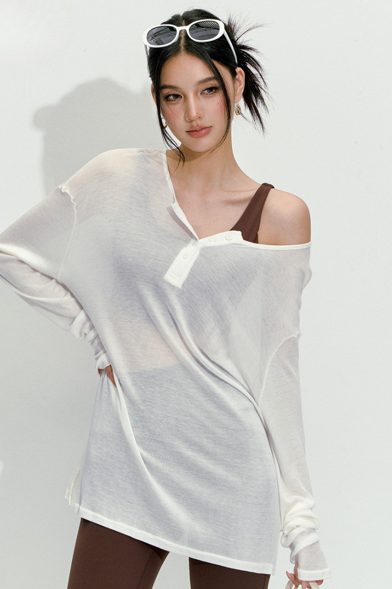 Women's Spring Outdoor Sheer Henley V-Neck Long Sleeve Top