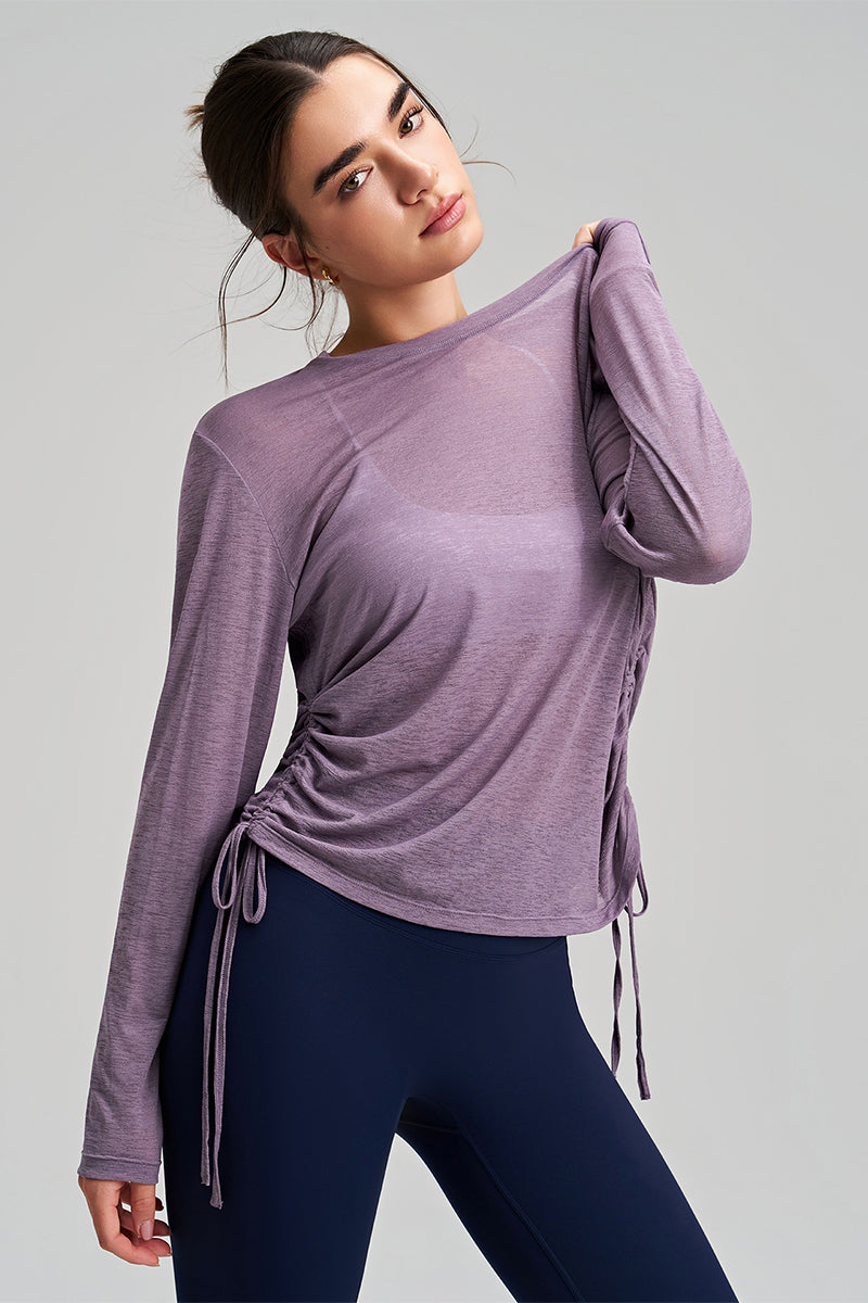 Women Round Neck Yoga Cover Long Sleeve Side Drawstring Loose Fit Sports Top