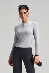 Women Slim-Fit Henley-Collar Workout Long Sleeve Top