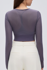 Women's Mock Two-Piece Mesh Padded Cropped Yoga Top