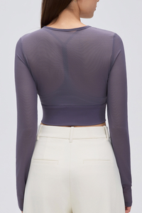 Women's Mock Two-Piece Mesh Padded Cropped Yoga Top