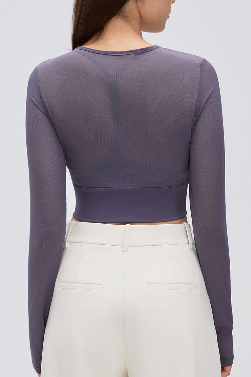 Women's Mock Two-Piece Mesh Padded Cropped Yoga Top