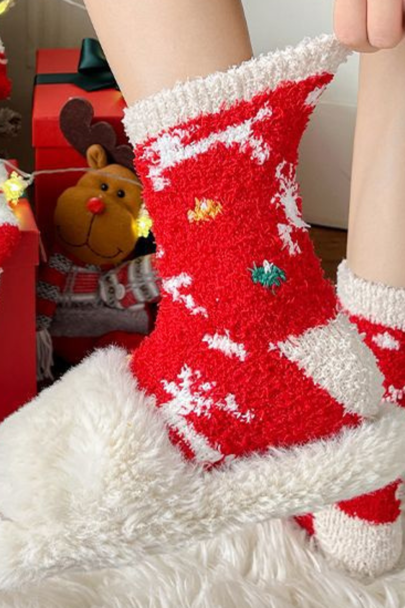 Women's Christmas Printed Fuzzy Plush Mid‑Calf Socks