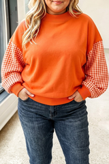 Plus Size Women Fall Gingham Patchwork Mock Neck Sweatshirt