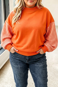 Plus Size Women Fall Gingham Patchwork Mock Neck Sweatshirt