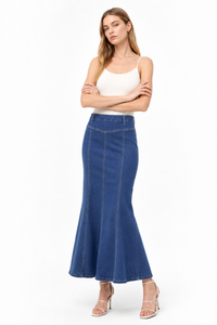 Women's High Waist Vintage Wash Fishtail Long Denim Skirt