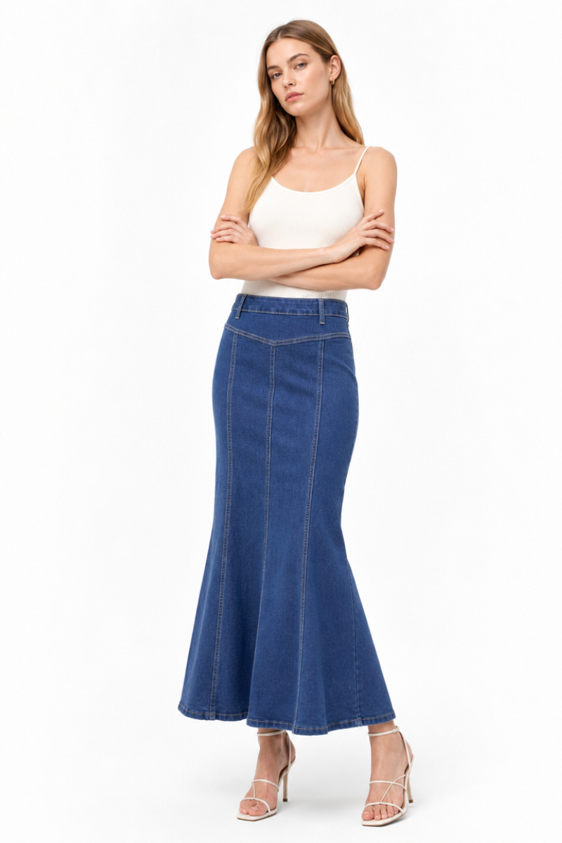 Women's High Waist Vintage Wash Fishtail Long Denim Skirt