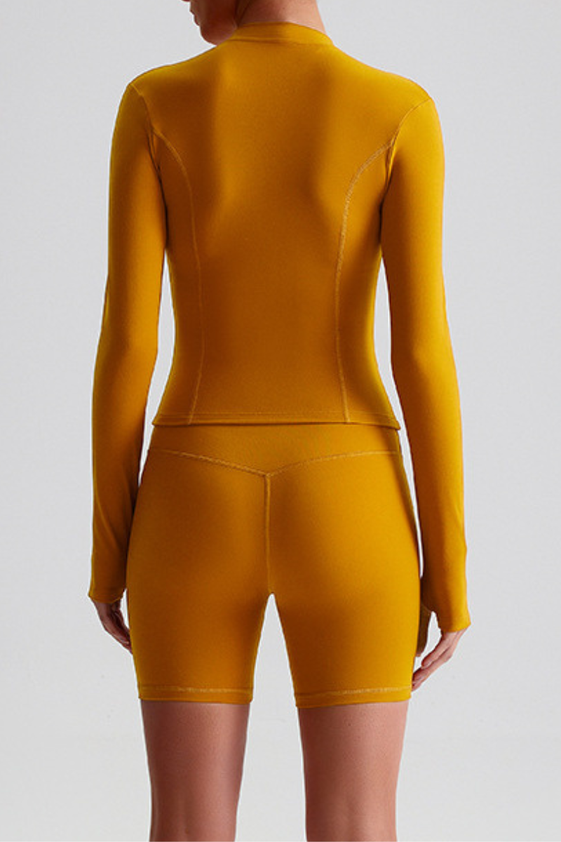 Women's Bare Feel Finger Cuffs Slim Yoga Jacket & Shorts Set