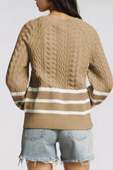 Women's Winter Crew Neck Cable Knit Contrast Stripe Sweater