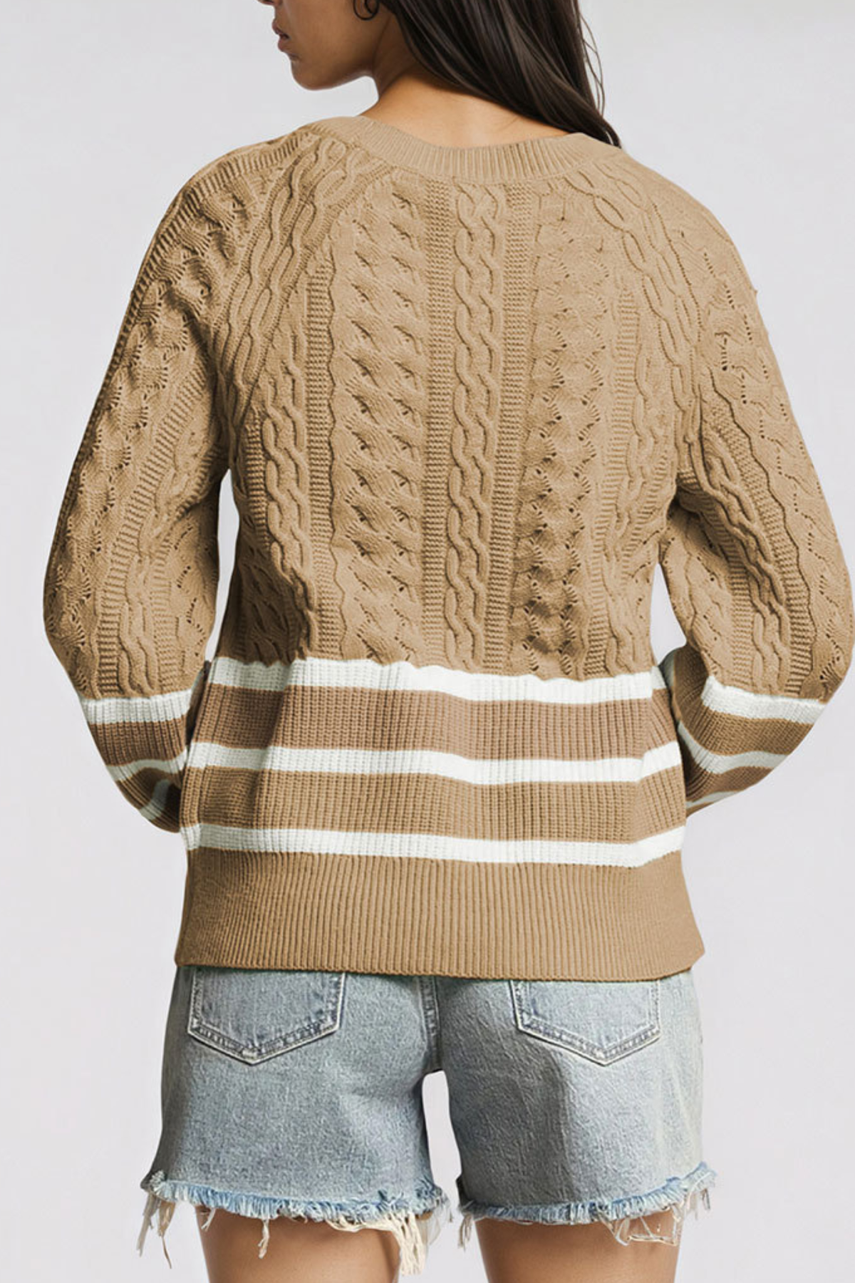 Women's Winter Crew Neck Cable Knit Contrast Stripe Sweater