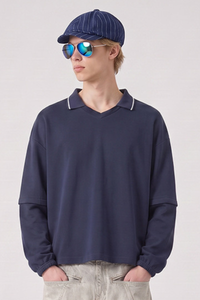 Men's Fall V-Neck Polo Collar Detachable-Sleeve Sweatshirt