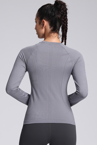 Women's Fall Seamless Knit Crew Long Sleeve Fitted Sport Top