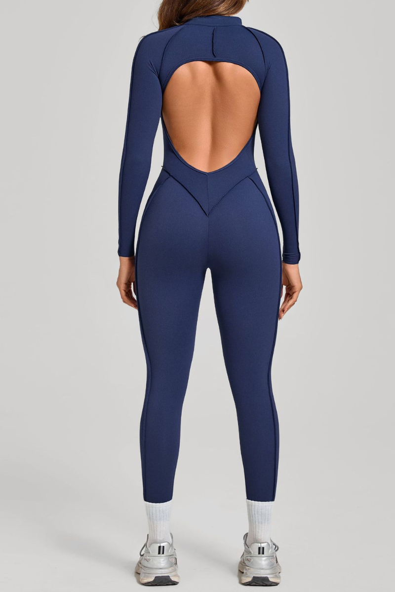 Women's Half-Zip Open Back Jumpsuit with Contoured Seams