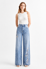 Women's High Waist Side Studded Wide Leg Jeans