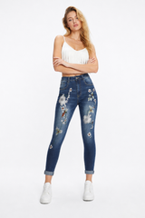 Women's Vintage High Waist Floral Embroidered Skinny Jeans