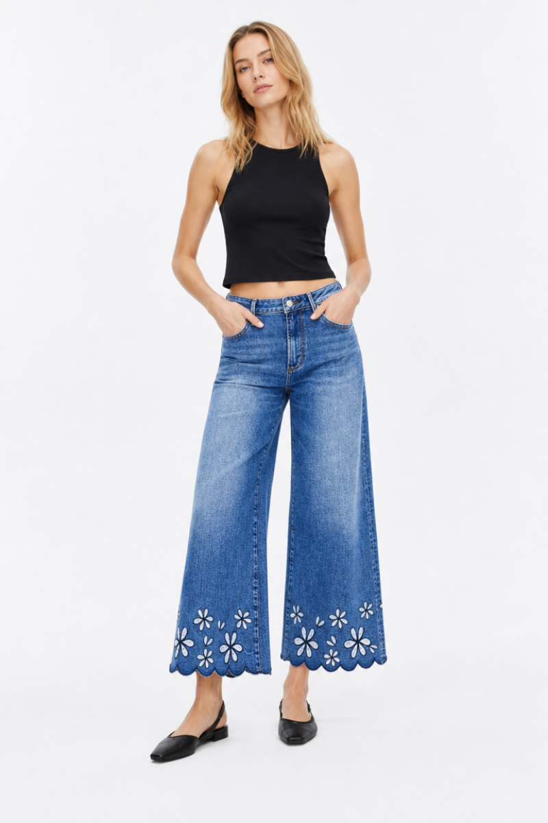 Women's High Waist Floral Embroidered Wide Leg Jeans