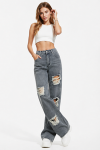 Women's High Waist Distressed Ripped Wide Leg Jeans
