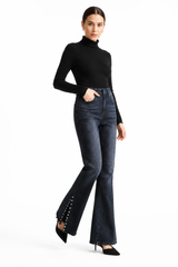 Women's High Waist Flare Jeans with Side Pearl Details